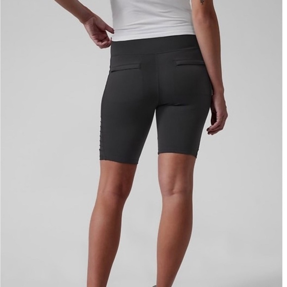 Athleta Delancey gleam moto biker shorts with faux leather on sides in black - Picture 3 of 6